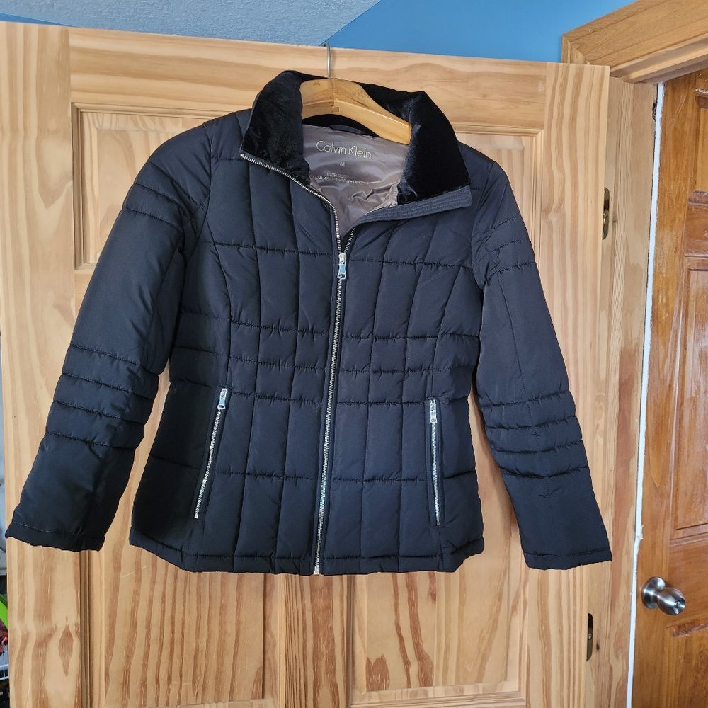 Calvin Klein water resistant , size M, black hooded puffer jacket